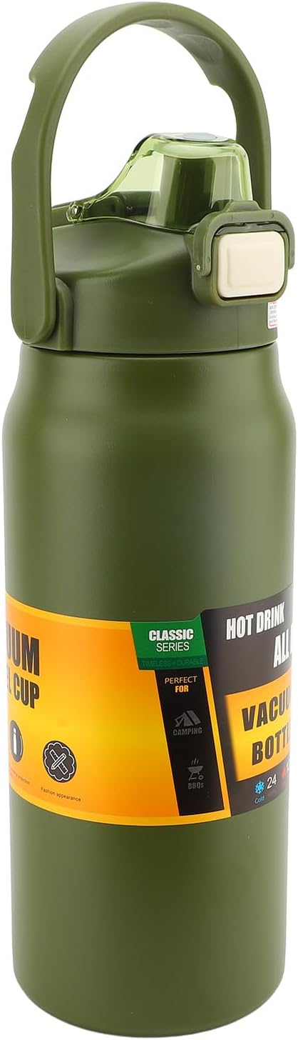 304 Stainless Steel Insulated 1.5L, Straw Lid Handle Reusable Wide Mouth Vacuum Bottle for Gym Fitness (Dark Green)