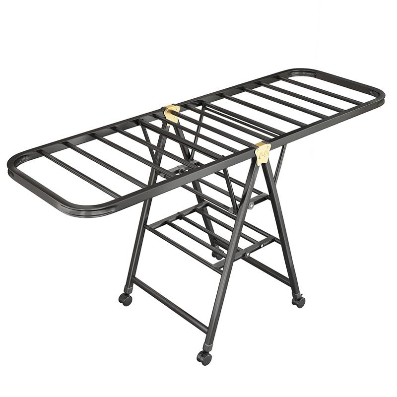Tendedero plegable con alas y ruedas ajustables, 2 capas, ahorra espacio, colgador alto para un secado cómodo, 150 cm, color negro