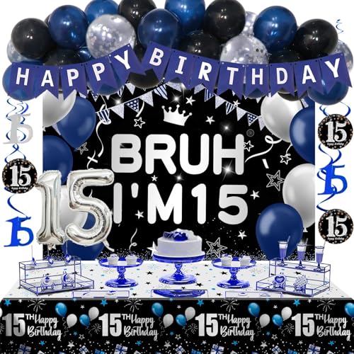15th Birthday Decorations 15th Birthday Decorations Boys Girl Bruh IM 15 Backdrop Happy 15th Birthday Banner Tablecloth 15th Birthday Balloons Teenager Birthday Decorations Hanging Swirls Supplies