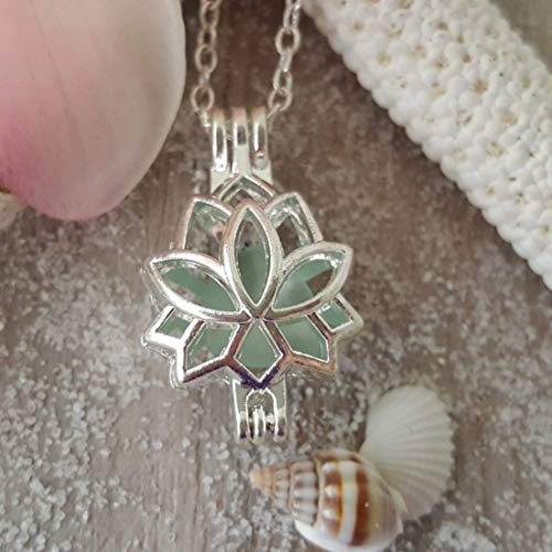 Hawaii jewelry,"Yoga Jewelry" Lotus locket with a piece of natural sea glass necklace, (Hawaii Gift Wrapped, Customizable Gift Message)