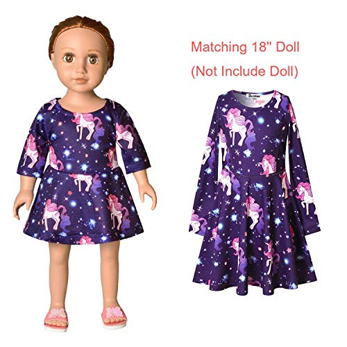 Star Unicorn Swing Dresses Matching Doll&Girls Long Sleeve Birthday Gifts 4t 5t - Thumbnail 3