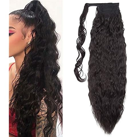 Long Ponytail Hair Extensions for Women 20-26 inches Curly Wrap Around Ponytail Corn Wave Ponytail Magic Paste Hairpiece 26 Inches - Natural Black Cover