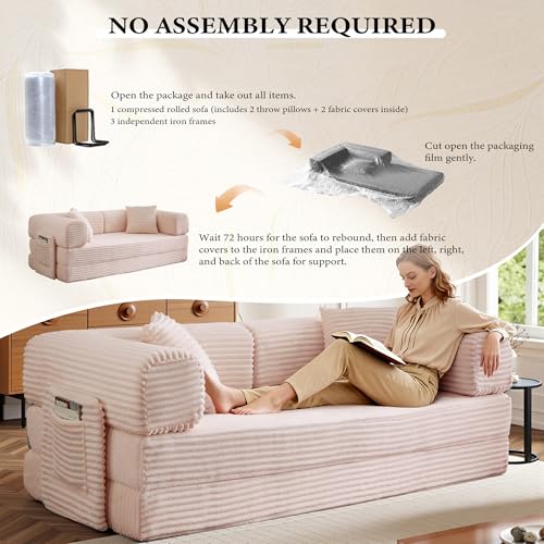 Image of Boneless Couch Futon Sofa Bed Sectional Couches for Living Room,Cloud Couch with Sleeper Sofa,Sofas for Living Room Oversized Corduroy Upholstered (Pink, 81 Inches (with Iron Frame))