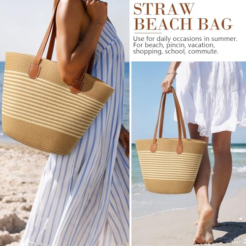 Image of Trifabricy Beach Bags for Women, Summer Beach Tote Straw Purse Shoulder Handbags Large Straw Beach Bag for Summer Travel