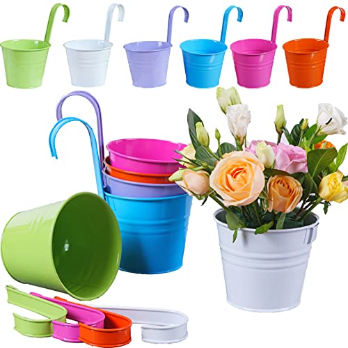 Sevenpers Lot de 6 pots de fleurs en métal avec crochets amovibles, trou de drainage, couleurs mélangées Cover
