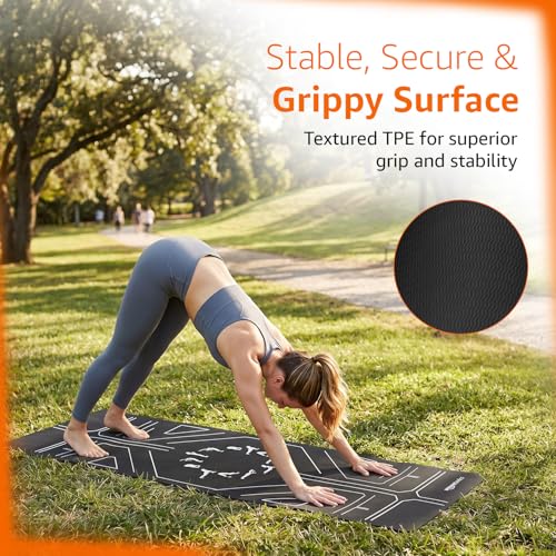 Image of Amazon Basics Alignment TPE Yoga Mat with Yoga Strap | 6 mm Thick | Guide Line Alignment for Posture Accuracy | Non-Slip Grippy Surface | Lightweight & Durable | Floor Protection | Ideal for Yoga, Pilates, Stretching & Fitness | 183 x 61 cm | Black