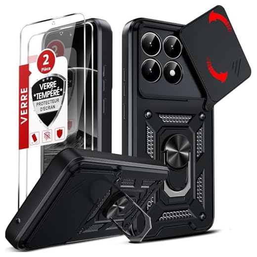 LeYi Coque pour Xiaomi 15T / 15 T 5G Antichoc avec 2*Verre Trempé+Full Protection Caméra Coulissante, Anneau Support, Étui de PC Dur et TPU Silicone Militaire Anti-Rayures Coque, Noir