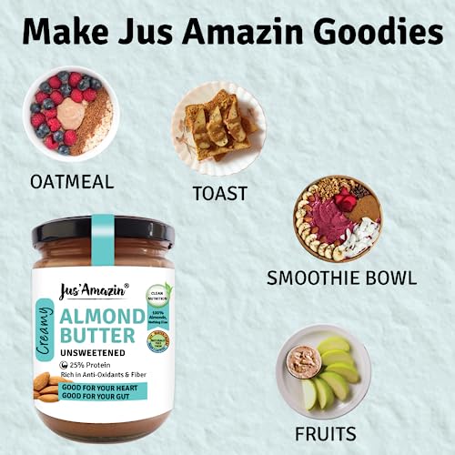 Image of Jus' Amazin Creamy Almond Butter - Unsweetened (500 g) Pack of 2 | 25% Protein | Only Whole Almonds (100% Pure) | Zero Additives | Keto | Plant Based Nutrition | Clean Nutrition
