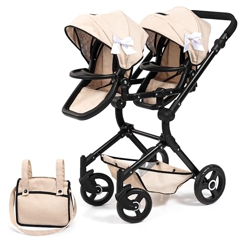 Bayer Design 26275AA Cochecito de muñeca gemelas, Carrito Paseo para muñecos, Ajustable en Altura, Plegable, con Bolsa