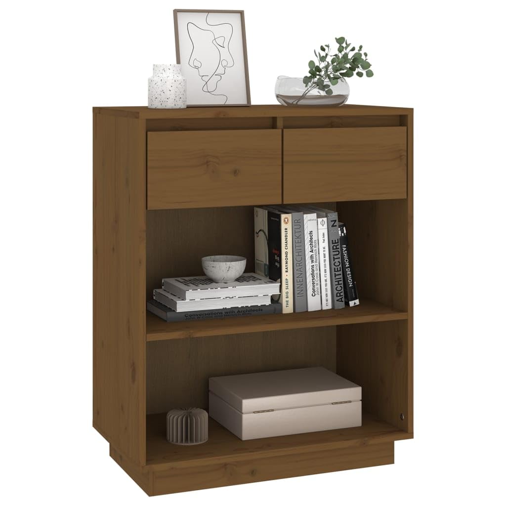 Armadietto in legno di pino massiccio, marrone miele, 60 x 34 x 75 cm, con cassetti e scomparti, mobile per soggiorno, camera da letto, ufficio, credenza, tavolo consolle
