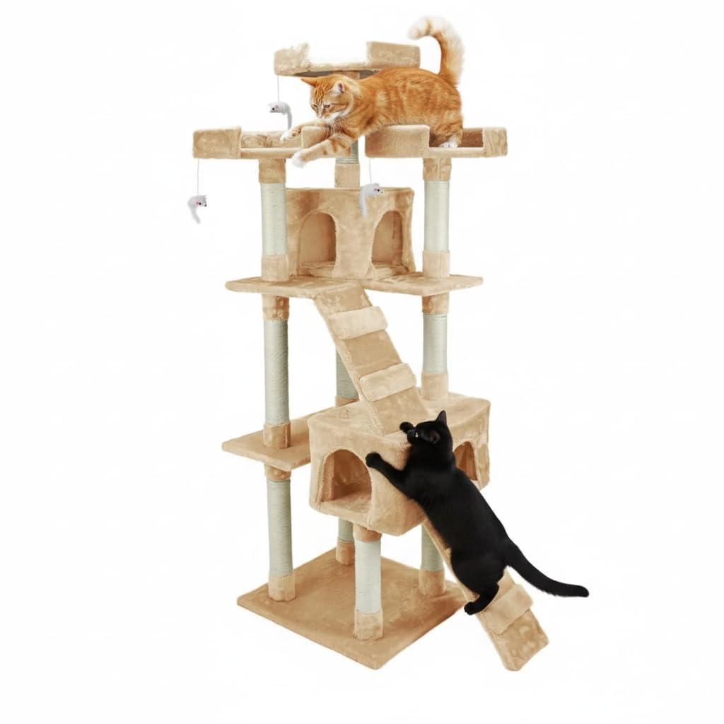 AQPET Tiragraffi XXL 170cm per Gatti con Cuccia, Albero Gioco Multifunzionale e Parco Giochi Completo, colore Beige