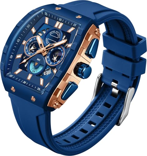 findtime Herren Armbanduhr Analog Uhren Mode Tonneau Rechteck Sport Armbanduhr Militär Quarz Chronograph Wasserdicht Uhren mit Leuchtendem Kalender Gebogener Bildschirm, blau, Armband