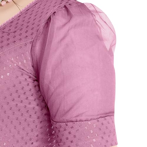Image of FINESTFIT Stay On Trend Fashion 100% Cotton Readymade Blouses for Women,Round Neckline with Organza Balloon Sleeves.