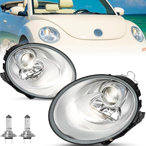 TUSDAR Projector Headlight Assembly Fit for 2006-2010 Volkswagen Beetle Head Lights 2-Door Convertible Hatchback Halogen Headlamp Driver & Passenger Side Bulbs Included