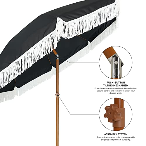 Image of AMMSUN 7ft Patio Umbrella with Fringe Outdoor Tassel Umbrella UPF50+ Premium Steel Pole and Steel Ribs Push Button Tilt, Black