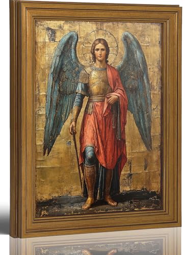 Gold framed Archangel Michael Canvas Wall Art Retro framed Christian Christianity Painting Picture Wall Decor Catholic Saints Poster Print Artwork for Prayer Room Church Home Decoration 9inx11in