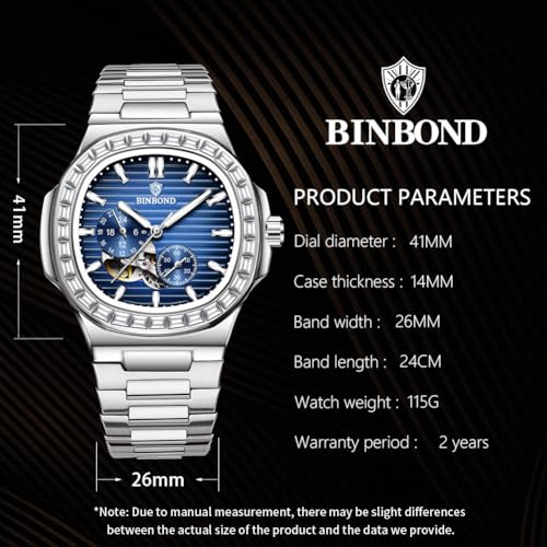 Image of BINBOND Silver Watch for Men Blue Dial Analog Quartz Stainless Steel Men Wrist Watch Diamond Day Date Luminous Mens Watches Large Wrist Classic Water Resistant Gift for Father&Husband&Friend