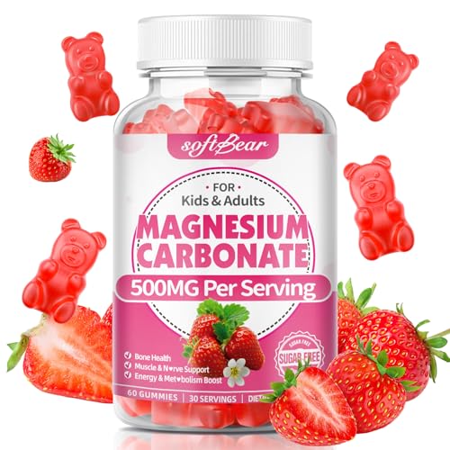 softbear Magnesium Carbonate Gummies 500mg Sugar-Free Magnesium Supplement Gummies for Adults & Kids Support Bone & Muscle & Digestive Health Vegan/Organic Strawberry Flavor 60 Count
