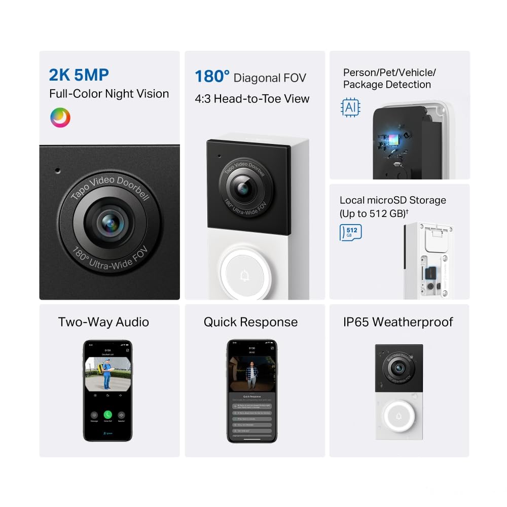 Tapo Timbre D130 2K 5MP con Cable, detección de IA, Vista de Cabeza a pies de 180°, Timbre de Video, sin Tarifa mensual, Audio de 2 vías, visión Nocturna a Color IP65, Timbre de Anillo Incluido