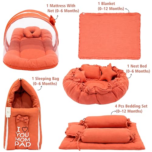 Image of Fareto Combo of Baby Bed with Net | Carry Bag | 4 Pcs Bedding Set (0-6 Months, Baby Size, Cotton) (M Gajri)