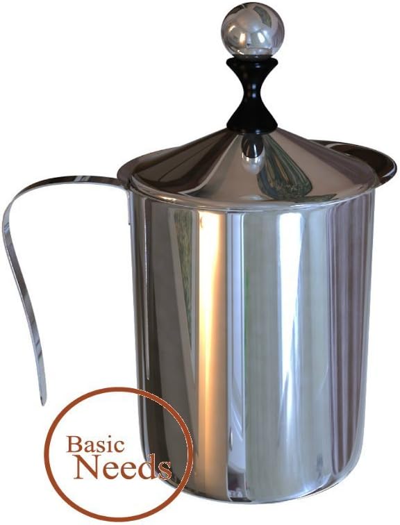 Basic Needs Stainless Steel Double Mesh Manual Milk Frother Creamer and Foamer Hand Pump with Pitcher (800ml)