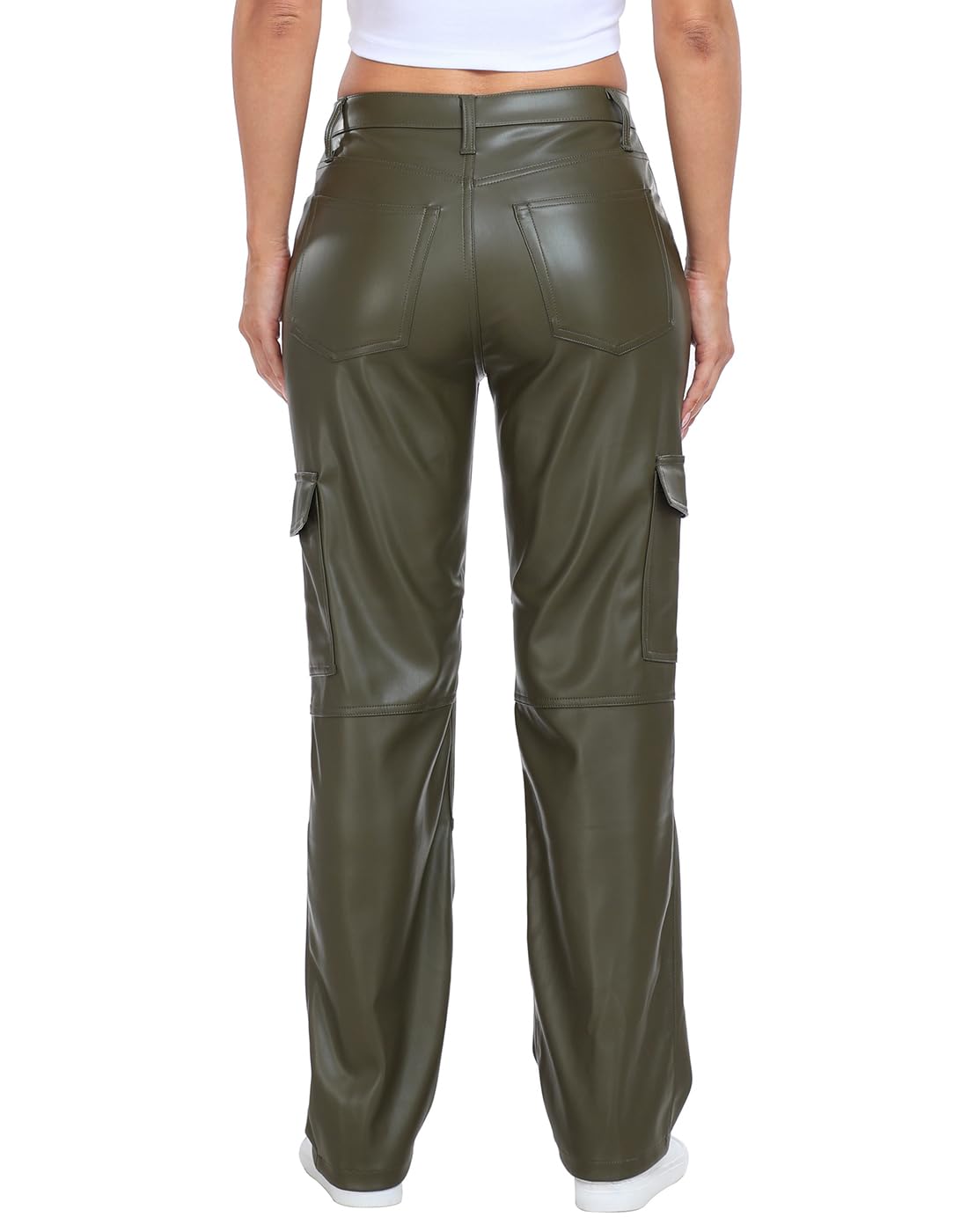 HDE Damen-Cargohose aus Kunstleder mit Taschen, hohe Taille, Y2K, entspannte Hose