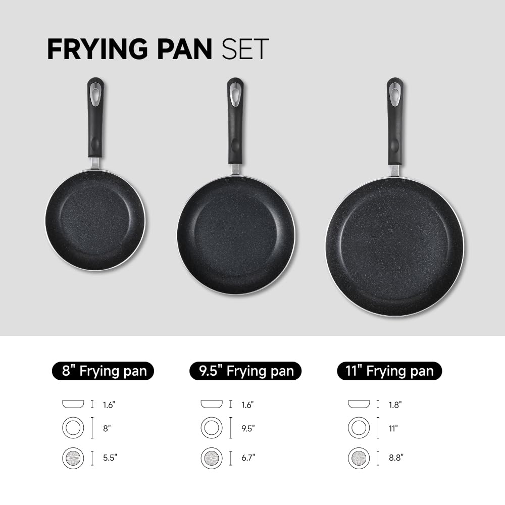 Juego de sartén antiadherente para cocina de inducción, sartén antiadherente de 20,5 cm + 28,5 cm + 28,5 cm (negro)