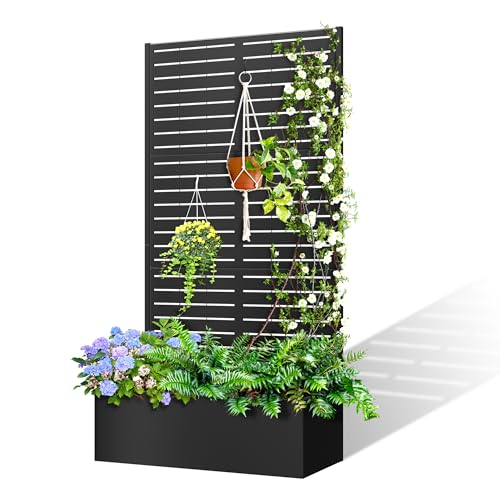 71'x35'x16' Metal Planter Box with Trellis Raised Garden Bed, Trellis with Planter Box & Privacy Screen, Outdoor Raised Garden Bed for Climbing Plants, Vegetable, Vines (Black, Louvered)