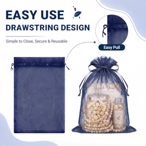 Image of FUNFERY 100PCS Navy Blue Organza Gift Bags 5x7in,Drawstring Jewelry Pouch