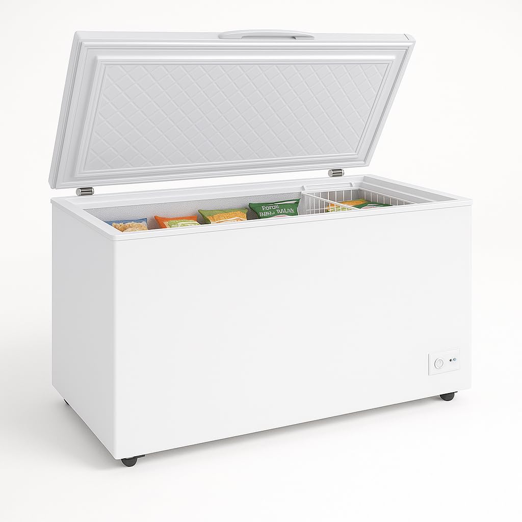 Congélateur Coffre 550L (488L Net) – Température -18 à -22°C – Porte Pleine Battante avec Serrure – LED Intérieur – Thermostat Réglable – Roulettes & Pieds Réglables – 230V – Blanc
