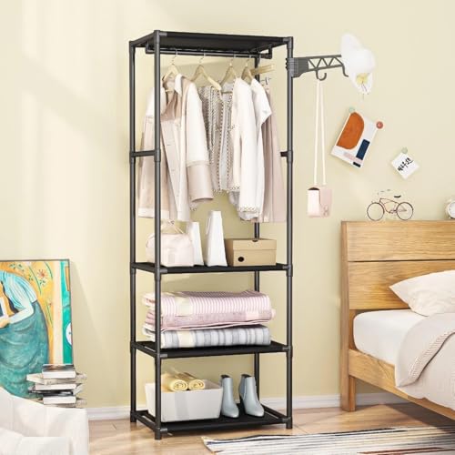 Image of Single Pole Coat Hanger /Cloth Stand /Garment Stand with Bottom Shelves - Metal Garment Rack for Organized Storage 8 Hook (Black-)