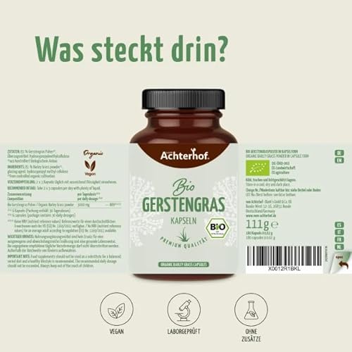 Gerstengras Kapseln Bio 180 Stück | 3000mg je Tagesdosis | fein gemahlenes Gerstengras im Kapsel-Format | aus kontrolliert biologischem Anbau | ohne Zusätze | vegane Kapselhülle | vom Achterhof