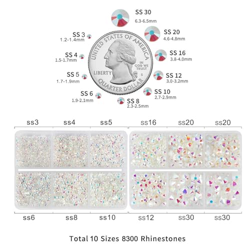 Image of Beadsland Flatback Rhinestones, Transparent AB, 8300pcs Mixed 10 Sizes | Crystal Rhinestone Round, for Crafts Nails,With Wax Pencil and Tweezers Kit , SS3-SS30