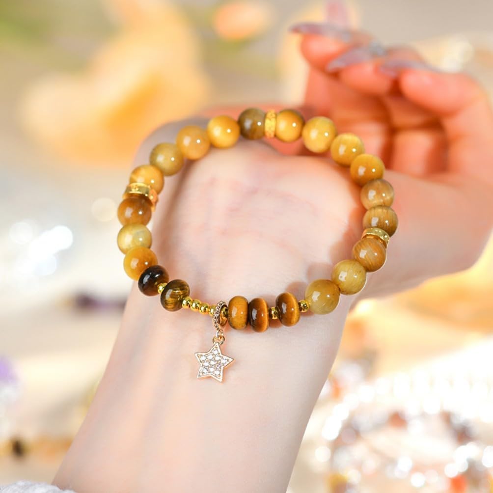 DorkTees (C1511虎眼石手链) 天然金虎眼黄虎眼石 Fengshui Jade Bracelet Lucky Charm 手链五角星挂坠时尚设计女款原创手串饰品