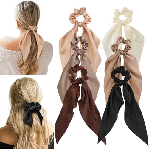 6 PCS Bow Silk Scrunchies Hair Ties with Bows Hair Scarf Scrunchies