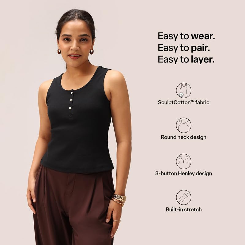 BlissClub Blissentials, canotta da donna Henley con scollo rotondo, con 3 bottoni, tessuto elasticizzato, vestibilità comoda, essenziale per tutti i giorni