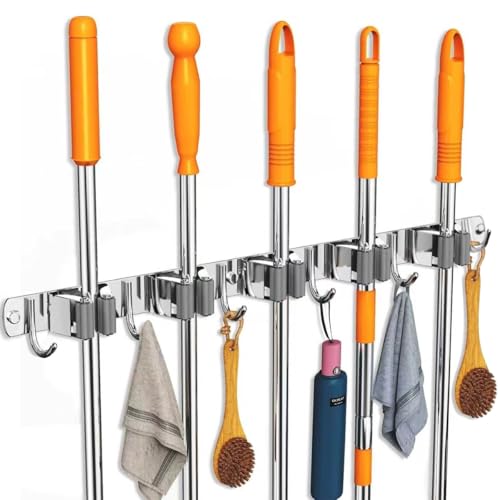 Suporte de Parede Organizador com 4 Prateleiras e 5 Ganchos, Aço Inoxidável SUS304, 49cm x 4,7cm