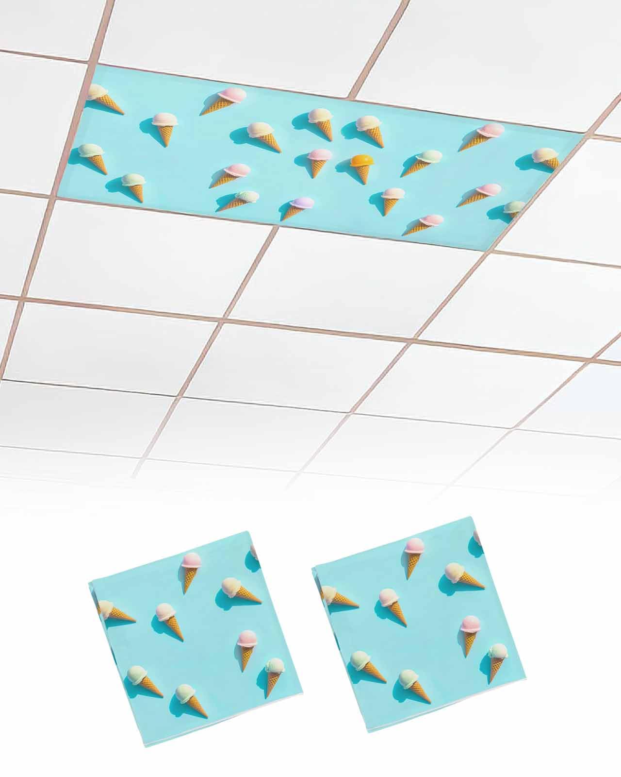 Zadaling 2 Pack Magnetic Fluorescent Light Cover, Summer Ice Cream Blue Pink 4 x 2 Feet Ceiling Light Filters Decoration for School Classroom Office Home Drop Lamp