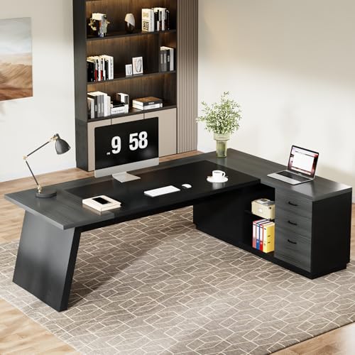 Image of Tribesigns 78 inch L-Shaped Executive Desk, Large Modern Office Desk with Drawers and Lateral File Cabinet, Business Furniture with Storage Shelves, Big Computer Desk for Home Office (Grey + Blcak)