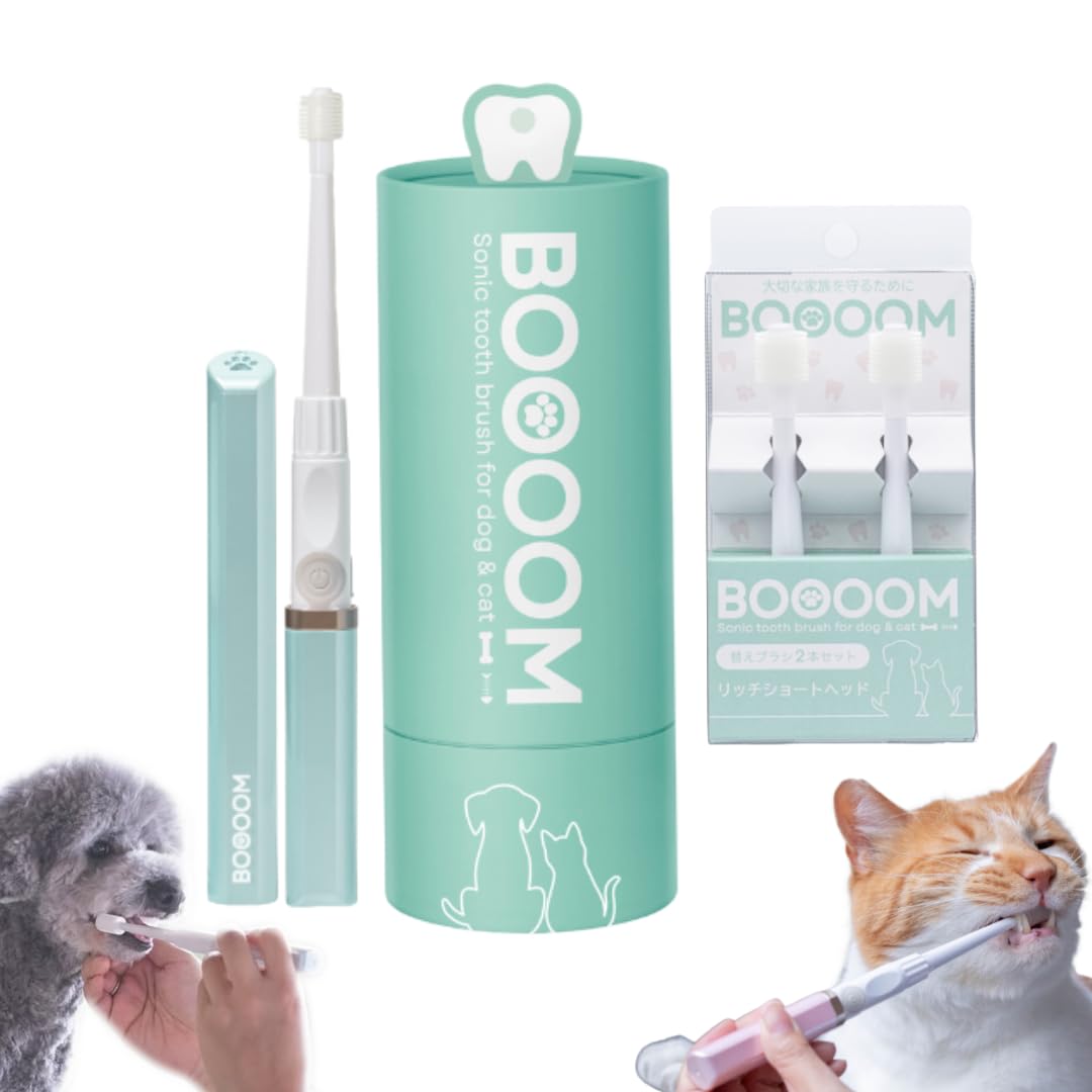 BOOOOM Pro Sonic Toothbrush for Dogs & Cats - Device + Small Replacement Brush Heads Bundle - 360° Pet Dental Care,Made in Japan,Ultra-Quiet & Gentle for Small Breeds (Blue)