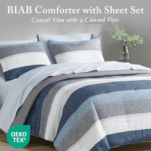 Madison Park Essentials Jaxon Bed in a Bag Comforter Set with Sheet, Printed Stripe Design, Modern All Season Bedding and Matching Sham, Queen Blue/Grey 7 Piece by Madison Park - Image 2