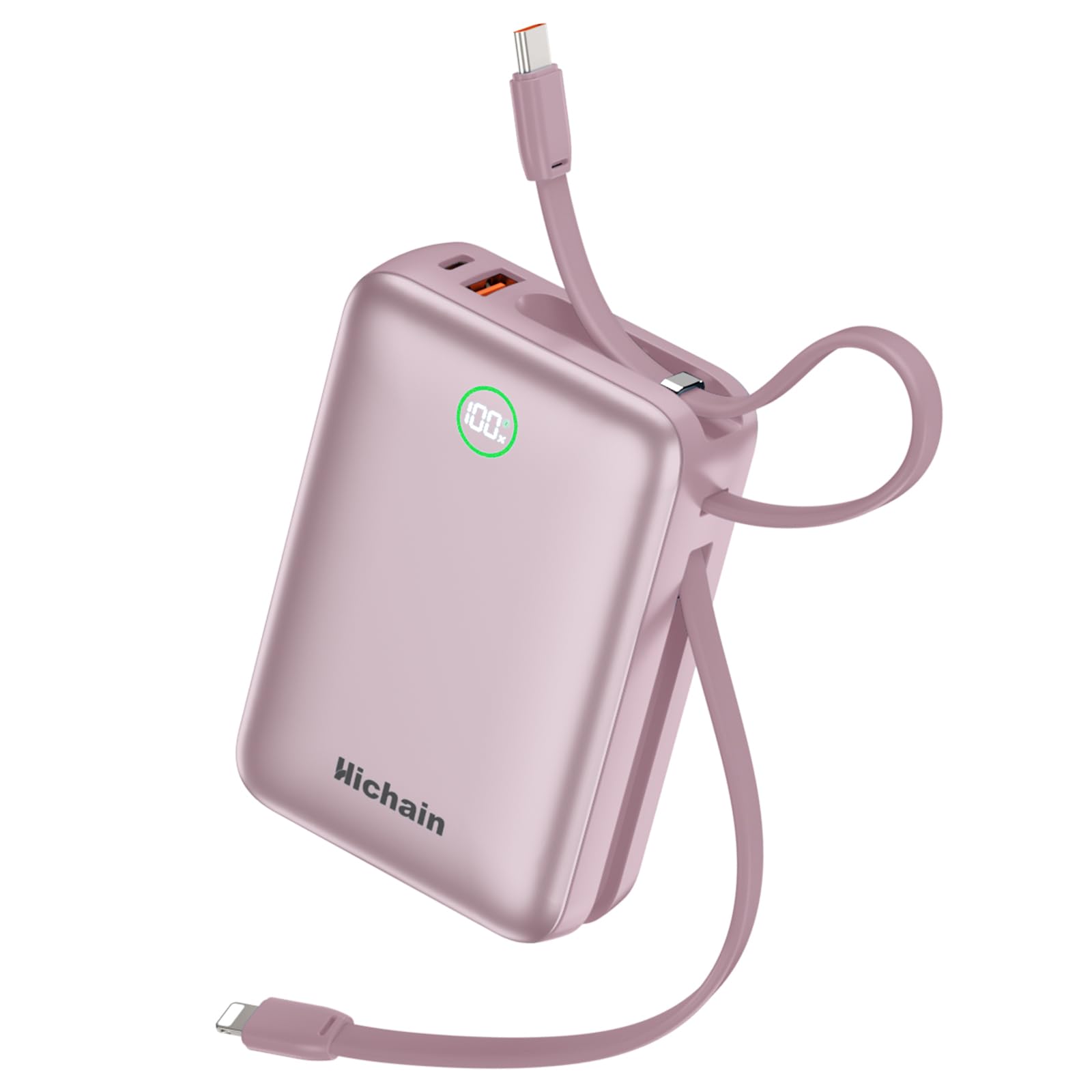 Hichain Chargeur portable 35 W à charge rapide 20 000 mAh, écran LED avec double câbles intégrés et 4 ports de sortie, chargeur de téléphone externe compatible avec iPhone, iPad, appareils Android