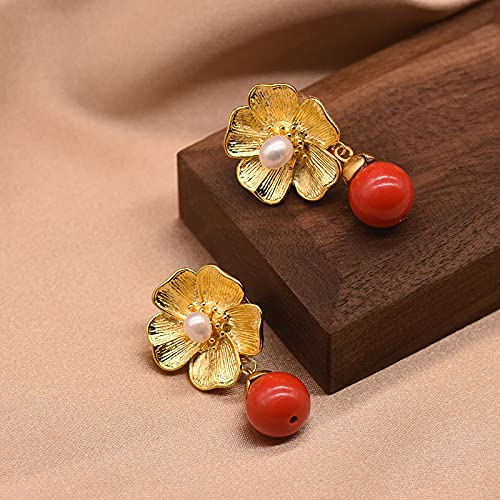 SALAN Pendientes Colgantes De Plata De Calcedonia Roja Natural S925 para Mujer, Pendiente De Perlas De Agua Dulce, Joyería Fina