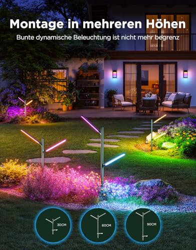 Govee Outdoor LED Gartenleuchte, IP66 Wasserdicht Gartenlampe aus Metall, DIY Höhe Form, 16 Mio Farben 64 Szenen, Alexa Matter Kompatibel, RGBWWIC 2700-6500K Gartenbeleuchtung für Hof Weg Rasen, 2pcs 4