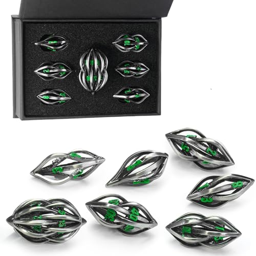 Dados poliédricos de metal estilo Arcanum con grabado verde para coleccionistas