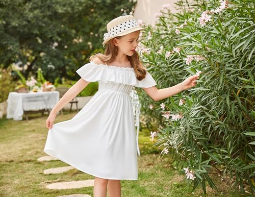 Arshiner Girls Summer Floral Ruffle Sundress Cold Shoulder Casual Holiday Dresses White thumb #2