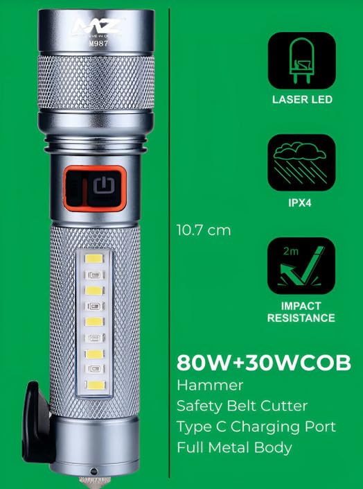 Image of MZ M987 Car Emergency Flashlight with Safety Hammer & Seatbelt Cutter,80W + 30W COB Zoomable LED Torch,5 Light Modes,700ft Long Range,Rechargeable via Type-C, IPX4 Waterproof (Silver)