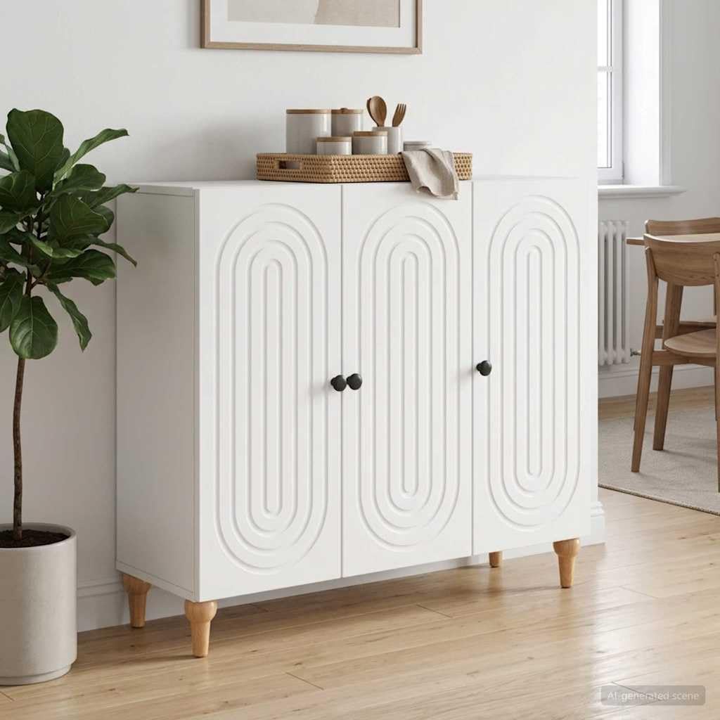 Biały kredens 89 x 34,5 x 80 cm, materiał drewnopochodny z 3 drzwiami, 2 półki, nowoczesny design, miejsce do przechowywania, uniwersalny do kuchni, salonu, biura, jadalni, korytarza, trwały