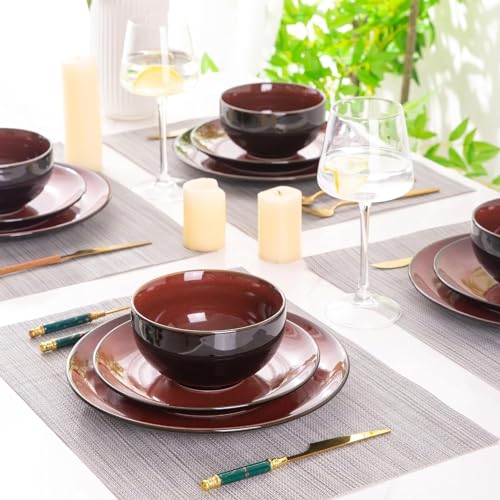 Image of LeRatio Ceramic Dinnerware Sets for 6,Stoneware Plates and Bowls Sets,Handmade Reactive Glaze Dishes Set,Chip Resistant and Scratch Resistant | Oven&Dishwasher & Microwave Safe,Service for 6-Red