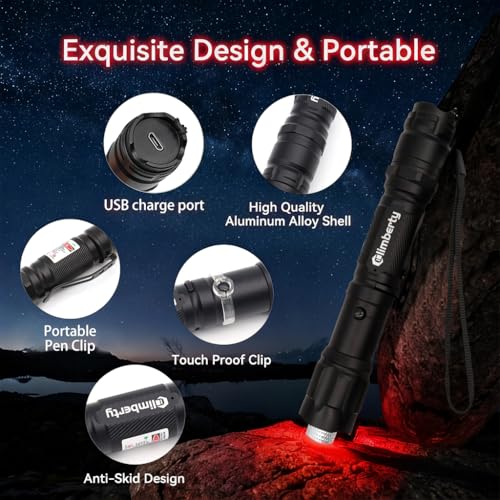 Image of Climberty Powerful Red Laser Pointer, Long Range 10000m Beam Laser Light, USB Rechargeable with 8 Star Patterns, Waterproof Aluminum Alloy for Stargazing, Hiking, Teaching, Construction (Red)